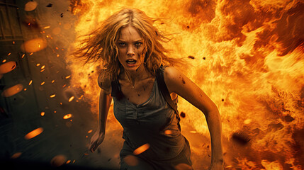 Wall Mural - Action shot with woman on the run. Dynamic scene in action movie blockbuster style.