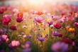 Close-up of vibrant flowers in a dreamy meadow. Generative AI
