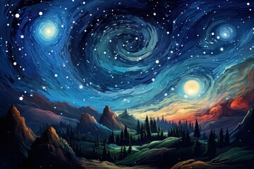 Wall Mural - starry night sky with swirling galaxies and luminous planets.
