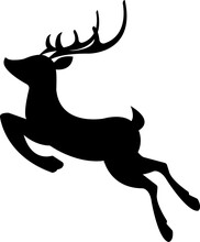 Vector Silhouette Of Reindeer. Black Shape Of Deer. Christmas Reindeer Flying Or Running. Santa Reindeer. Rudolph Illustration
