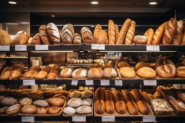 Breads on supermarket shelves, Different bread, baguettes, bagels, bread buns, and a variety of other fresh bread on display on grocery store bakery shelves, bread in a bakery,bread buns on baker shop