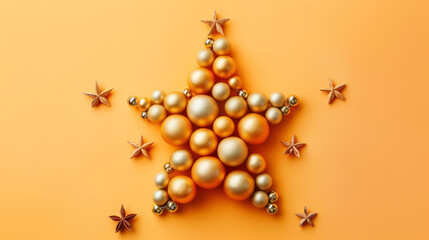 Wall Mural - top view of a star shape made of Christmas balls on an orange background, minimalistic