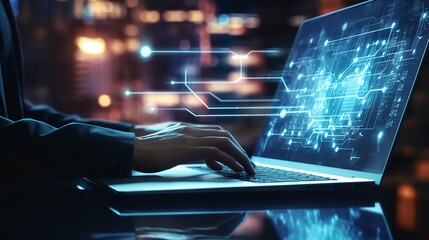 Data scientist and programmer examining financial data on a future virtual interface on a laptop. Generative Ai.