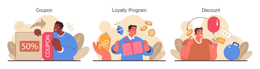 Sticker - Loyalty program set. Rewards, offers, cashback and card points. Commercial program for client retention. PR campaign for customer loyalty. Marketing promotion. Flat vector illustration