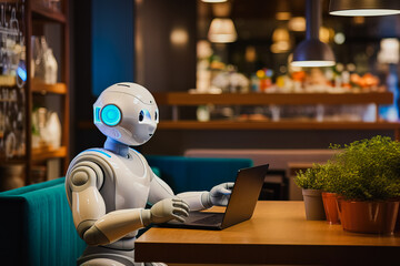 robot working on the computer in a bar