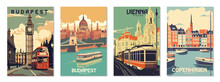 Collection Vintage Travel Posters. Vector Art. Famous Tourist Destinations Posters Art Prints Wall Art And Print Set Abstract Travel For Hikers Campers Living Room Decor