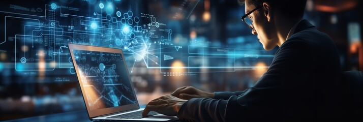 Data scientist and programmer examining financial data on a future virtual interface on a laptop. Generative Ai.