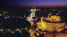 Aerial View Drone Of Rome Vatican City At Night Dusk,flying Over Sant'angelo Castle To St.peter Basilica
