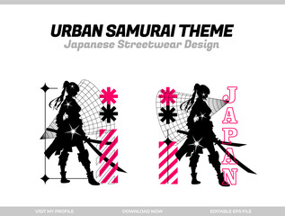 Sticker - urban samurai. Samurai vector silhouette for design t-shirt concept. Japanese streetwear t-shirt design. silhouette for Japanese theme. samurai streetwear t-shirt. cyberpunk theme samurai.