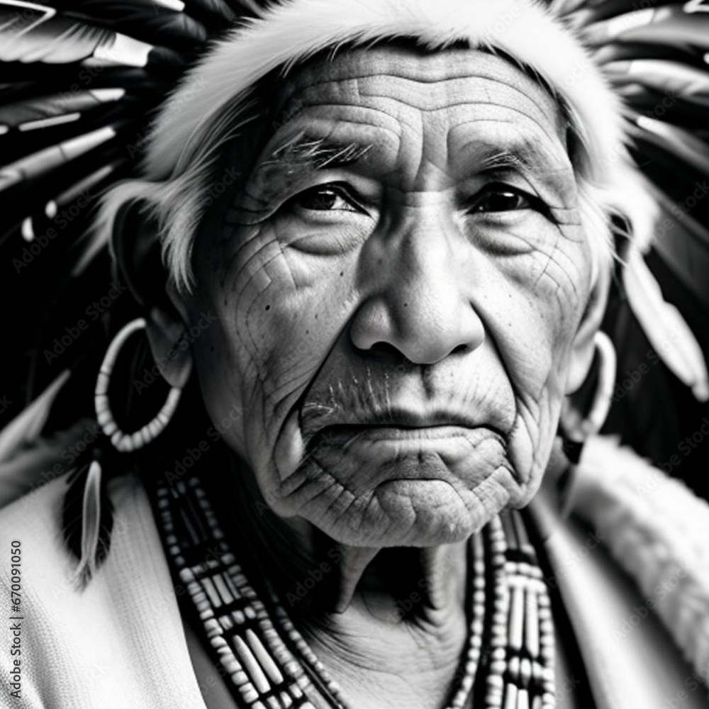 Black and white portrait of an elderly native American man. Generative ...
