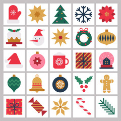 Wall Mural - Christmas Advent calendar with geometric holiday icons. Merry Christmas poster, template, banner, card with Xmas elements in modern minimalist style. Vector flat illustration.