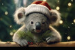 Koala bear in red Christmas hat, Merry Christmas card. Generative Ai