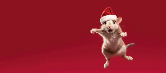 Wall Mural - mouse in a santa hat on red background, panoramic layout, Merry Christmas concept. Generative Ai