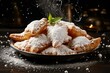 Sweet and crispy fried pastries sprinkled with powdered sugar, a traditional carnival food decoration with paper serpentine. Generative AI
