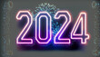 Neonowy napis 2024. W tle kolorowe fajerwerki. Sylwester, Nowy Rok. Styl lat 90tych