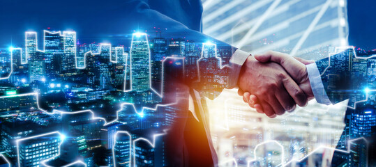 Wall Mural - deal. double exposure image of investor businessman handshake with customer partner and abstract nig