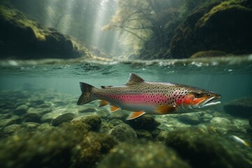 Wall Mural - Close-up of a red trout fish underwater swimming in a lake or river in the wild
