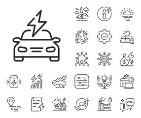 Wall Mural - EV vehicle charge sign. Energy, Co2 exhaust and solar panel outline icons. Car charging line icon. Electric power symbol. Car charging line sign. Eco electric or wind power icon. Green planet. Vector