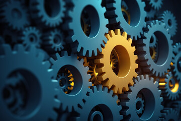 abstract gears background with unique glowing yellow cogwheel. stand out from the crowd. business co