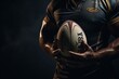 Close-up of rugby player holding ball against rugby stadium under spotlights. Generative AI.