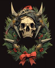 Wall Mural - Christmas wreath made of fir branches, decorated with a hardrock skull and crossbones with a red ribbon.