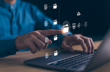 Wall Mural - document management system dms, businessman with online document database and automated icons proces