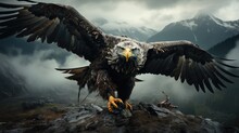  A Bald Eagle Spreads Its Wings While Perched On A Rock In Front Of A Mountain Range With Dark Clouds And Low - Lying, Low - Lying, Low - Lying Vegetation.  Generative Ai