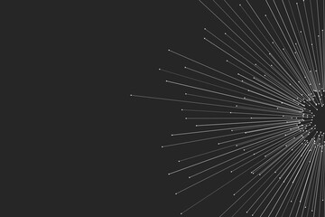On a dark background, a white circular explosion composed of random vector rays with editable strokes and small circles emanates from a sphere in motion, resembling high-speed lines flying outwards