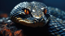  A Close - Up Of A Snake's Head With Orange Eyes And A Black Body, With A Black Background, With A Blurry Image Of The Head Of A Snake In The Foreground.  Generative Ai