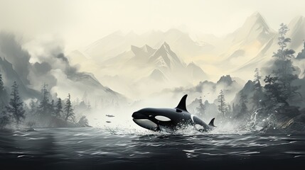 Wall Mural -  a black and white picture of an orca in a body of water with trees and mountains in the background and fog in the air and fog in the foreground.  generative ai