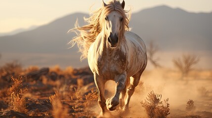 Poster -  a white horse running in the desert with dust in the air and mountains in the backgrouds of the desert, with dust in the foreground, on the foreground, the foreground, a.  generative ai