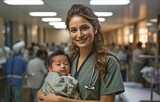 Fototapeta  - In the hospital maternity ward, a young, radiant Indian mother is holding a newborn baby..