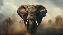  A Large Elephant Standing In The Middle Of A Dusty Field With A Group Of Other Elephants Behind It In The Distance, With Dark Clouds In The Sky Behind It.  Generative Ai