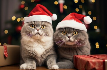 Two adorable cats enjoying the festive season next to a beautifully decorated Christmas tree