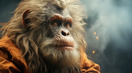  a close up of a monkey wearing a jacket and looking at the camera with smoke coming out of its mouth and behind it, on a dark background of smoke.  generative ai