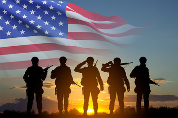 Wall Mural - Silhouettes of army soldiers with USA flag. Greeting card for Veterans Day, Memorial Day, Independence Day. Armed Force concept