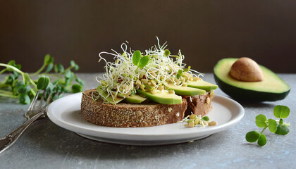 Wall Mural - sandwich of tender juicy germinated alfalfa and avocado sprouts on slices of rye bread this is a great idea for those who watch their health healthy morning breakfast or snack