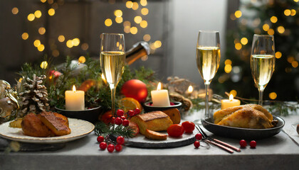 christmas evening dinner table with festive food and sparkling wine glasses holiday xmas concept