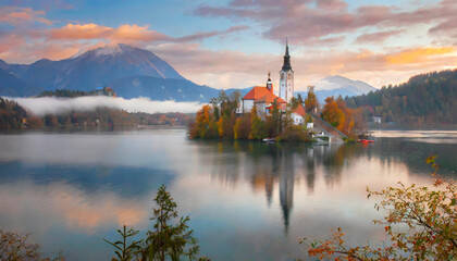 Sticker - attractive morning view of pilgrimage church of assumption of maria impressive autumn scene of bled lake julian alps slovenia europe traveling concept background