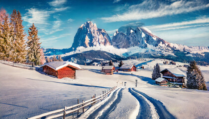 Wall Mural - untouched winter landscape frosty winter view of alpe di siusi village with plattkofel peak on background amazing morning scene of dolomite alps ityaly europe traveling concept background