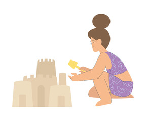 Canvas Print - Vacation with Little Girl Character Building Sand Castle Enjoying Seaside Rest Vector Illustration