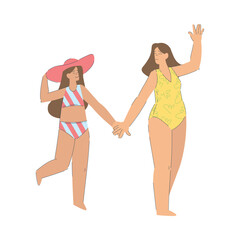 Sticker - Vacation with Mom and Daughter in Swimsuit Hold Hands Enjoying Seaside Rest Vector Illustration