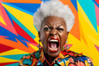 Angry senior African American woman yelling, head and shoulders portrait on colorful background. Neural network generated image. Not based on any actual person or scene.