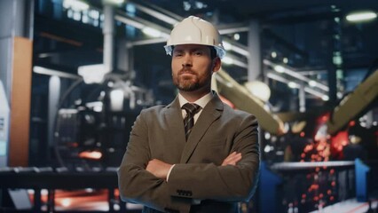 Wall Mural - Successful factory owner posing at modern heavy industrial machinery close up.