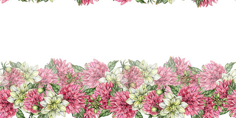 watercolor dahlia flowers seamless horizontal background. blooming flower garden. design for baby sh