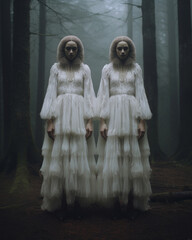 Generative ai two creepy figures standing in misty foggy woods