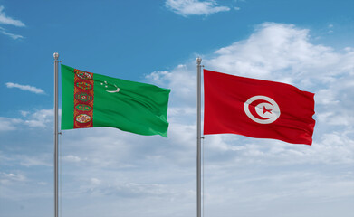Wall Mural - Tunisia and Turkmenistan flags, country relationship concept