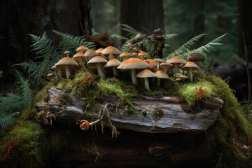 Wall Mural - Mushrooms on a log - Generative AI 