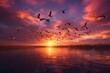 A large group of birds flying in a gorgeous sky. Generative AI