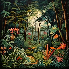  A naive style jungle with lush plants. Tropical garden illustration with green colorful vegetation.